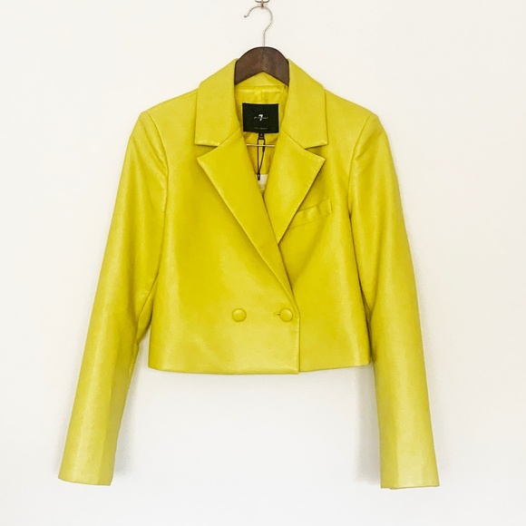 7 For All Mankind Jacket - Faux leather Cropped Biker Coat in Yellow - Size S - Picture 1 of 12